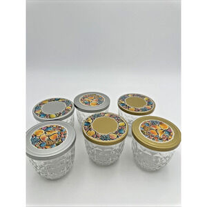 6- Vintage 70’s Ball Quilted Crystal Glass Jelly Jars with Metal Flower Lids